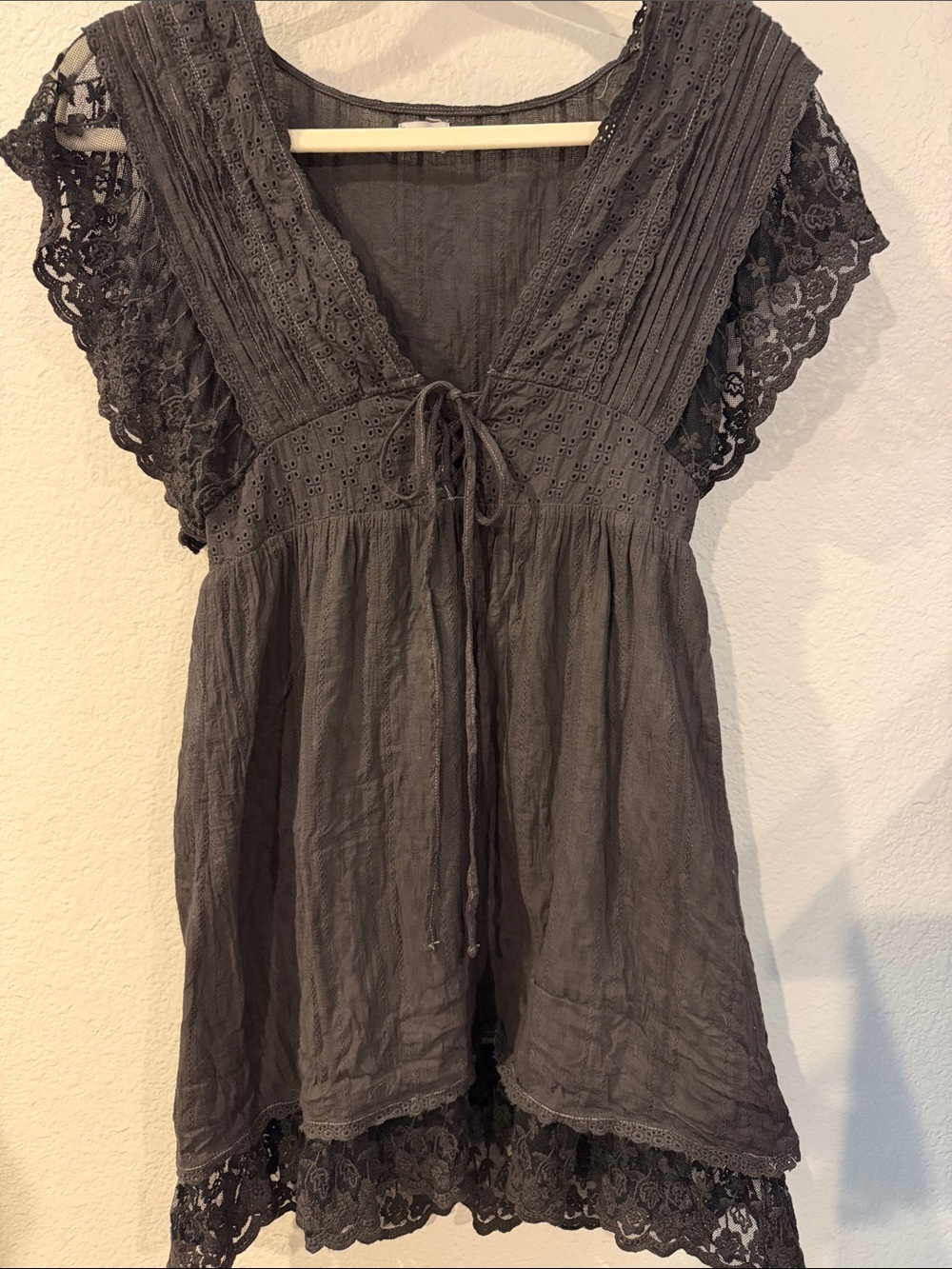 Charming Charlie Charcoal Lace-Trim Tie-Front Tunic